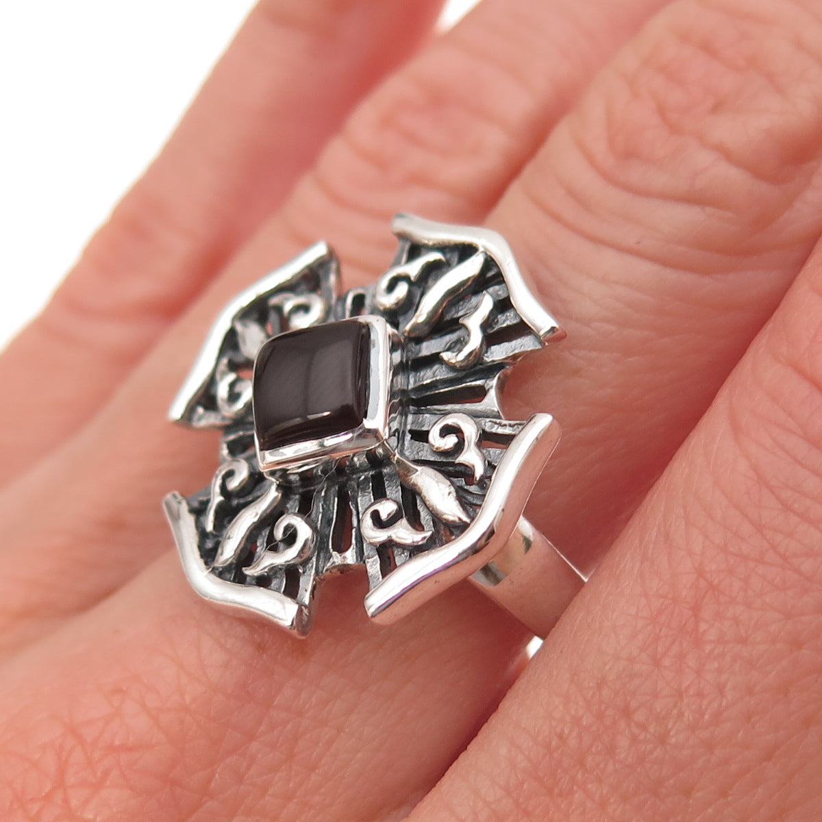 Doug Paulus 925 Sterling Silver Vintage Real Carnelian Cross Ring Size 8.25