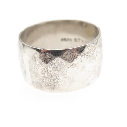 Uncas 925 Sterling Silver Antique Art Deco Hammered Wide Band Ring Size 8.5