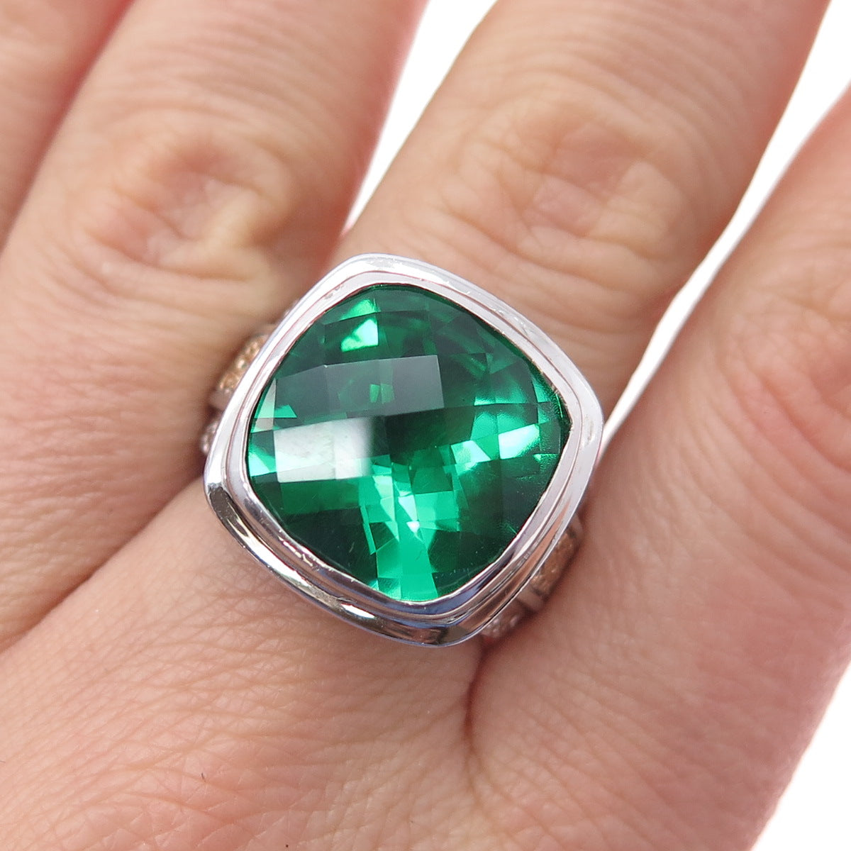 925 Sterling Silver 2-Tone Real Doublet Chrome Diopside Ring Size 7.25