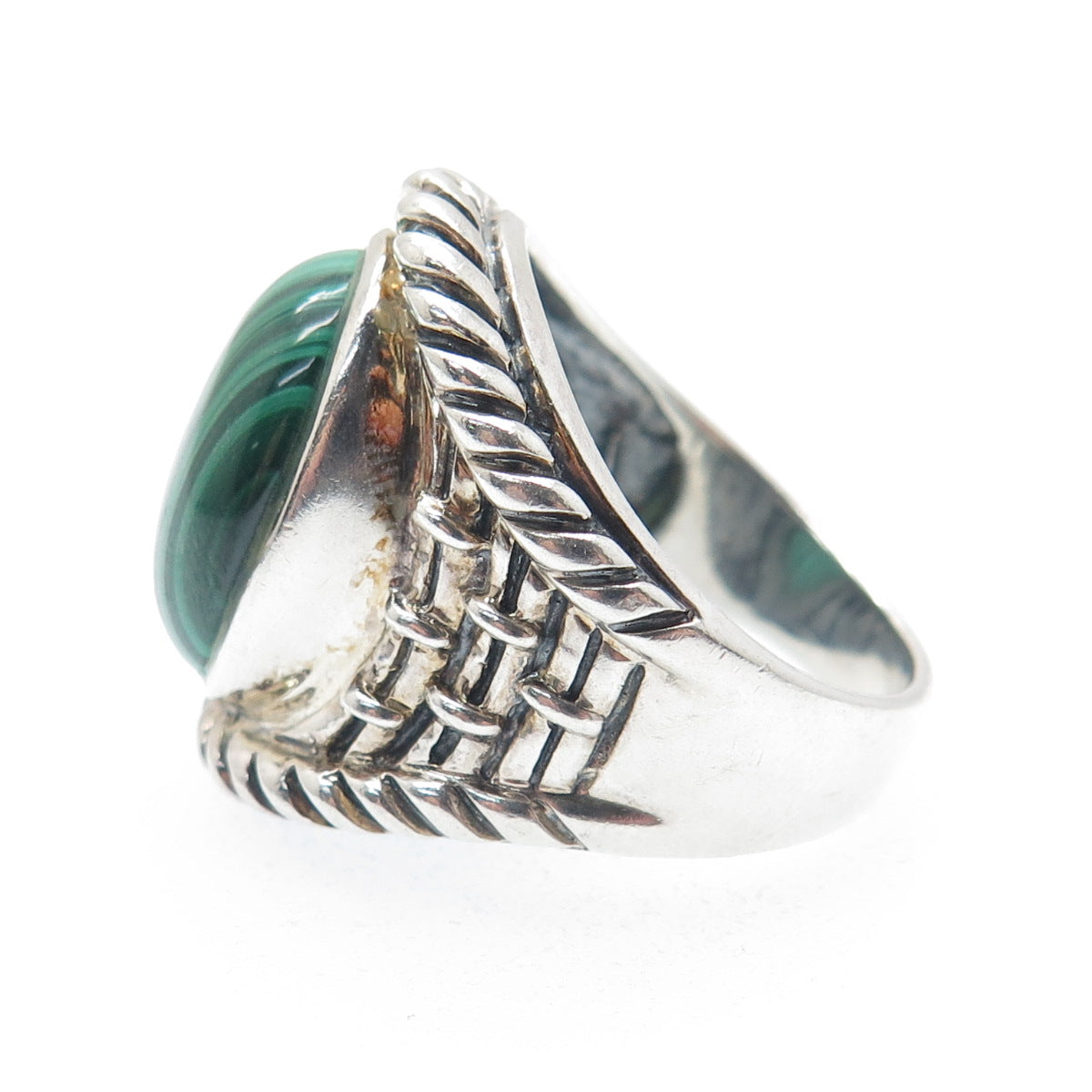 SX SALLY C Sterling Silver Vintage Malachite Modernist Oxidized Ring Size 9.25