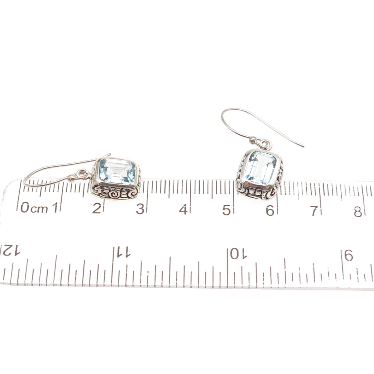 925 Sterling Silver Vintage Real Blue Topaz Spiral Oxidized Dangle Earrings