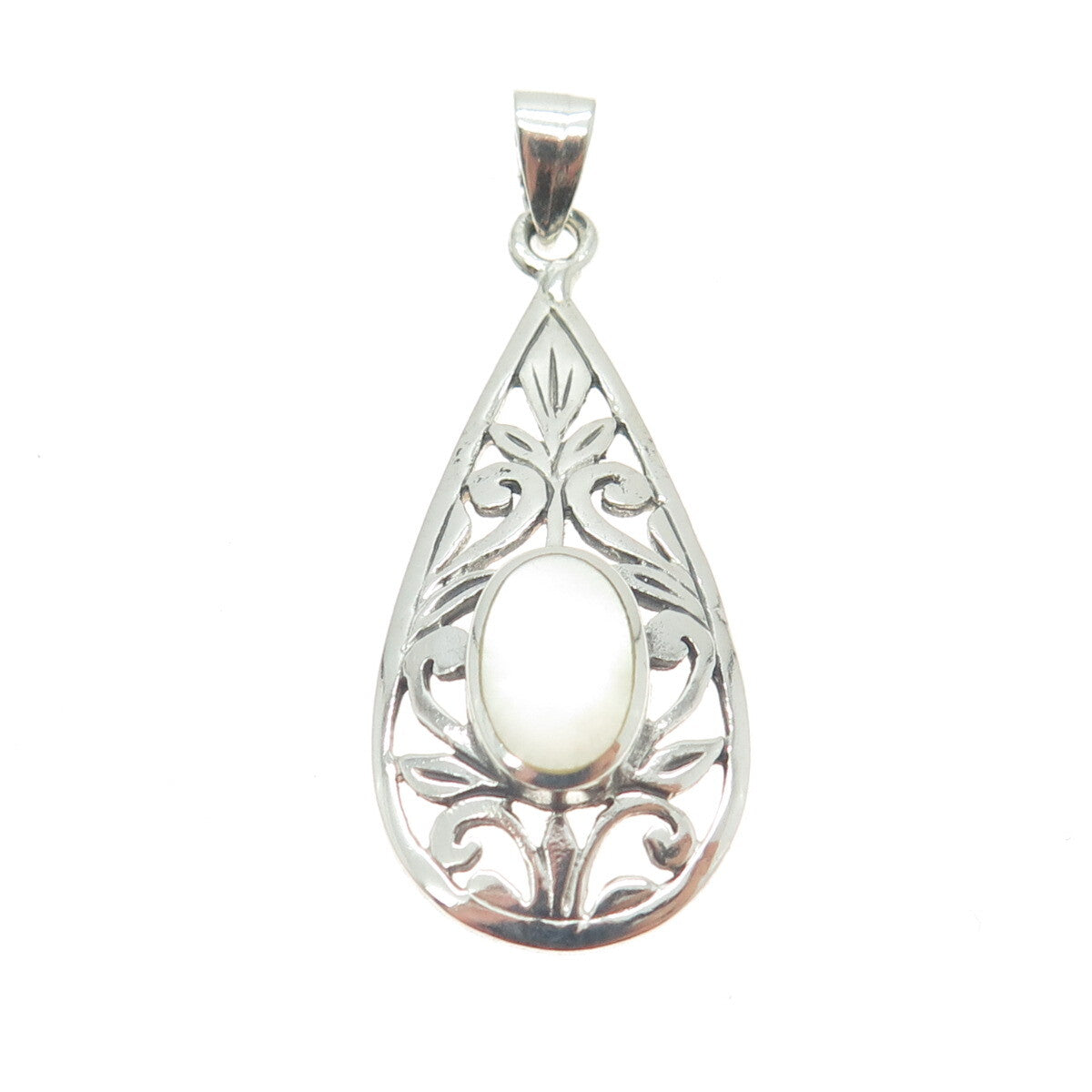 925 Sterling Silver Vintage Real Mother-of-Pearl Floral Scroll Teardrop Pendant