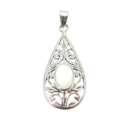 925 Sterling Silver Vintage Real Mother-of-Pearl Floral Scroll Teardrop Pendant