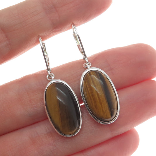 925 Sterling Silver Vintage Real Cabochon Tiger Eye Dangle Earrings