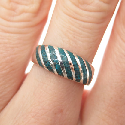 925 Sterling Silver Vintage Mexico Real Turquoise Inlay Ribbed Ring Size 7