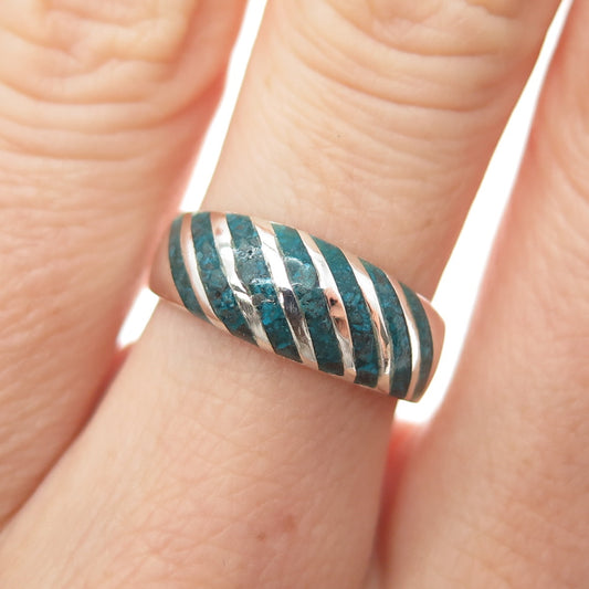 925 Sterling Silver Vintage Mexico Real Turquoise Inlay Ribbed Ring Size 7