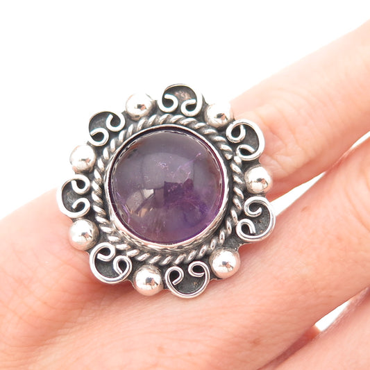 925 Sterling Silver Vintage Mexico Real Amethyst Floral Oxidized Ring Size 4.25