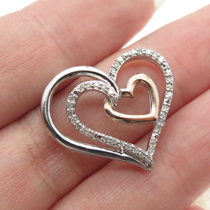 SUN 10K Rose Gold & 925 Sterling Silver Real Diamond Heart Slide Pendant