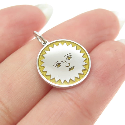 925 Sterling Silver Yellow Enamel Sun Face Emoji Minimalist Charm Pendant