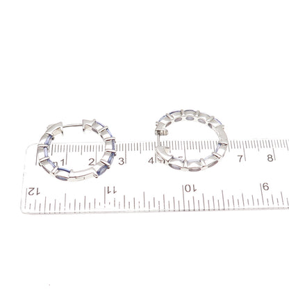 925 Sterling Silver Real Oval-Cut Tanzanite In & Out Hoop Earrings