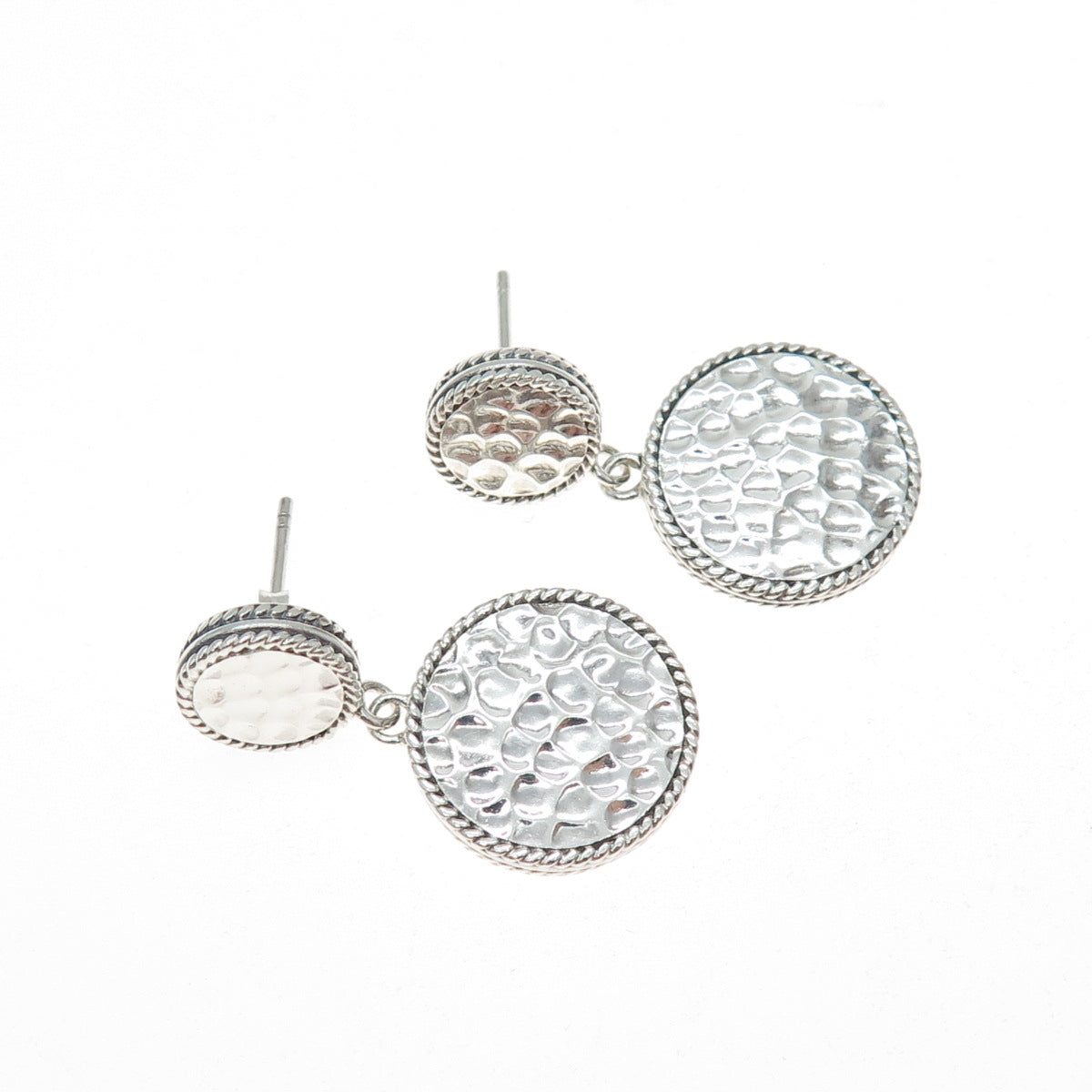 925 Sterling Silver Vintage Modernist Hammered Disc Dangle Earrings