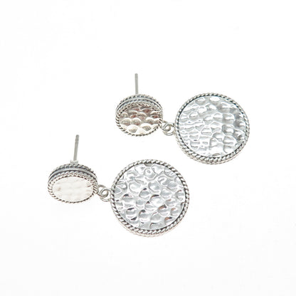925 Sterling Silver Vintage Modernist Hammered Disc Dangle Earrings