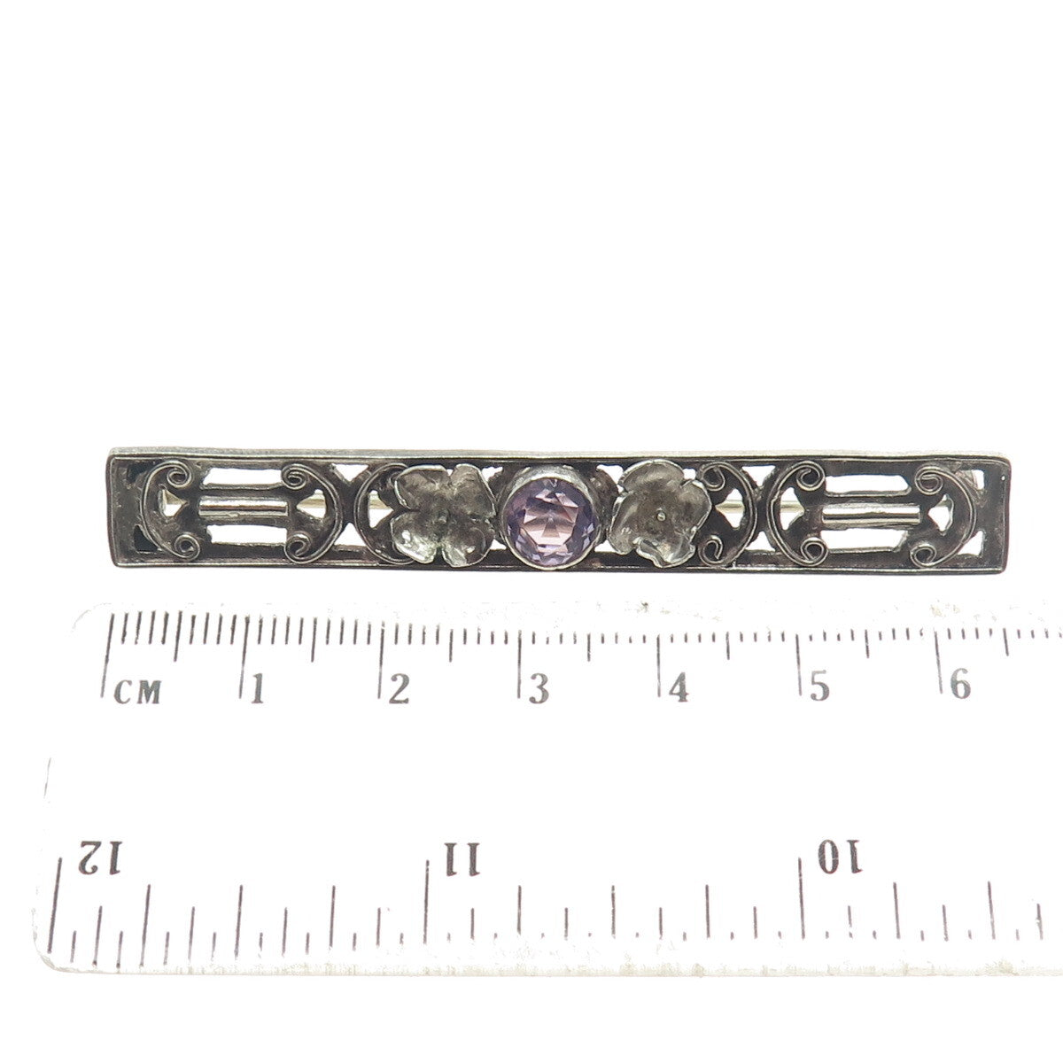 800 Silver Antique Victorian Real Amethyst Flower Bar Pin Brooch