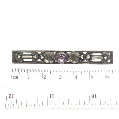 800 Silver Antique Victorian Real Amethyst Flower Bar Pin Brooch