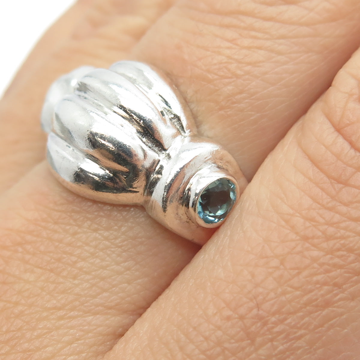 925 Sterling Silver Vintage Real Amethyst & Aquamarine Modernist Ring Size 7.75