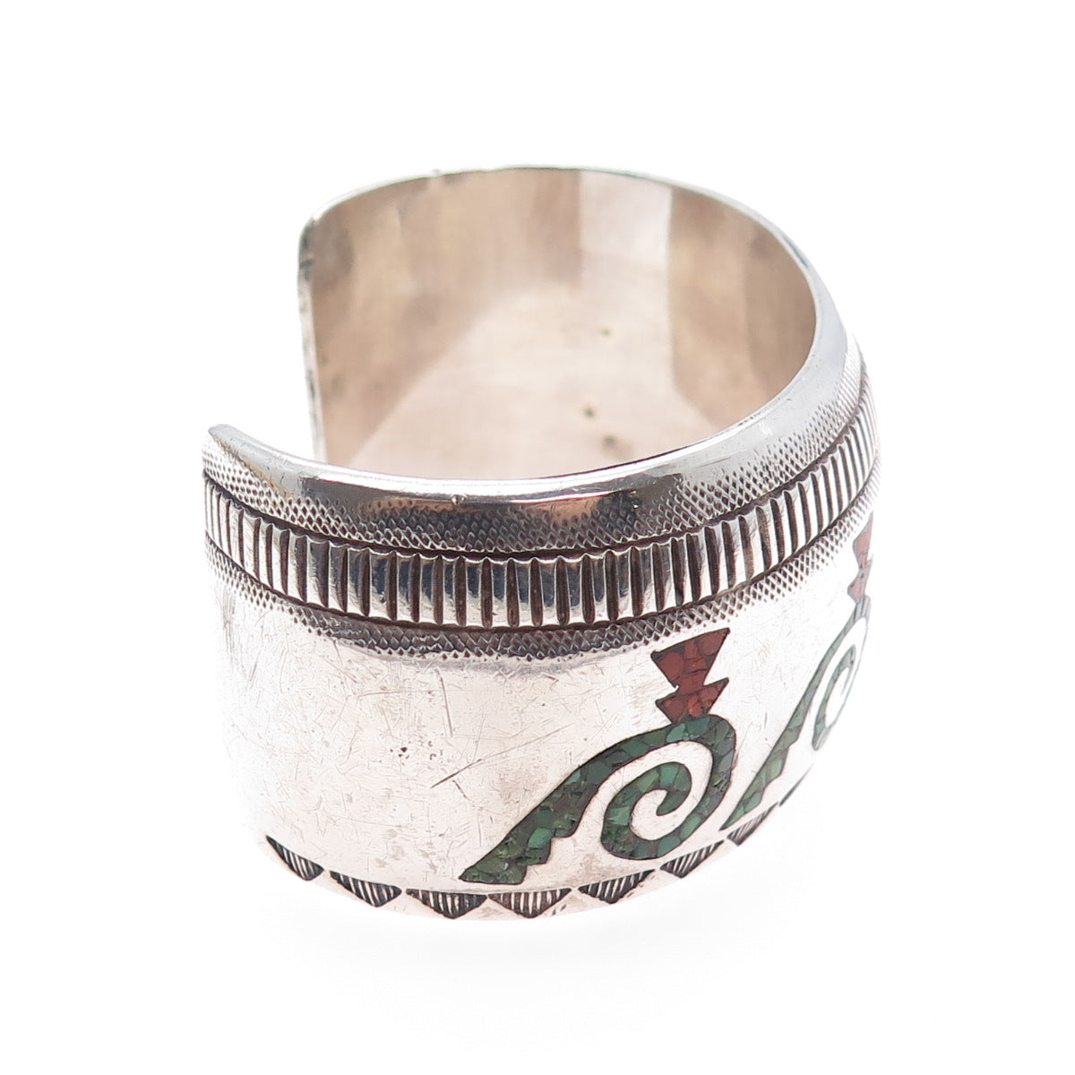 ALLEN CHEE NAVAJO Old Pawn 925 Sterling Silver Turquoise Coral Inlay Bracelet 7"