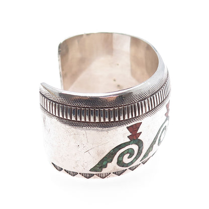 ALLEN CHEE NAVAJO Old Pawn 925 Sterling Silver Turquoise Coral Inlay Bracelet 7"