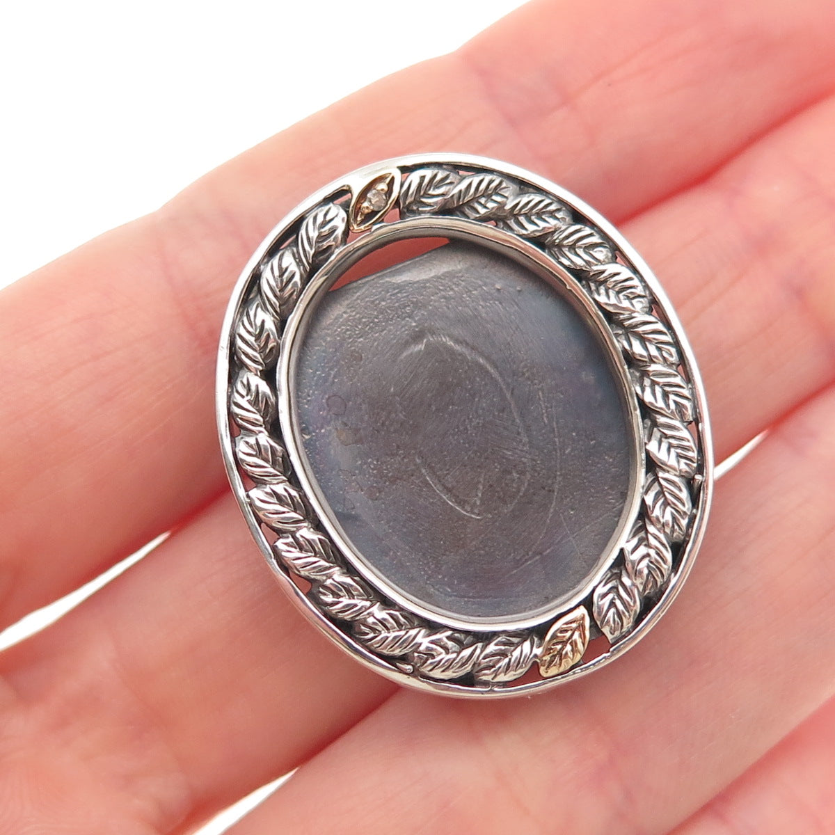 925 Sterling Silver 10K Gold Vintage Real Diamond Picture Frame Brooch / Pendant