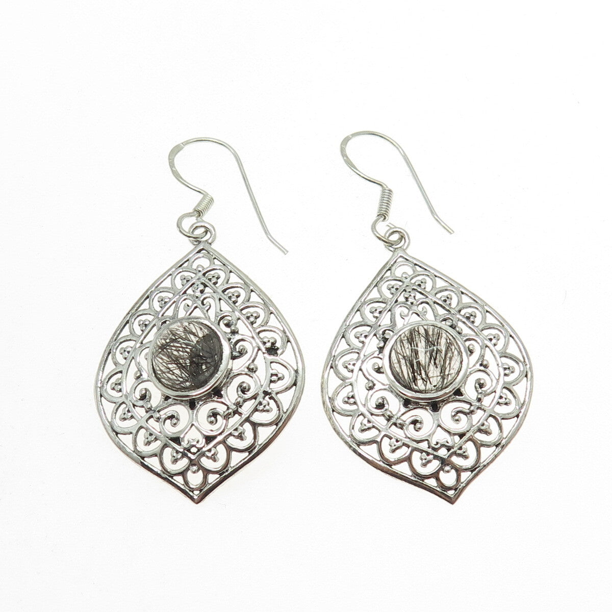 925 Sterling Silver Vintage Real Rutilated Quartz Floral Ornate Dangle Earrings