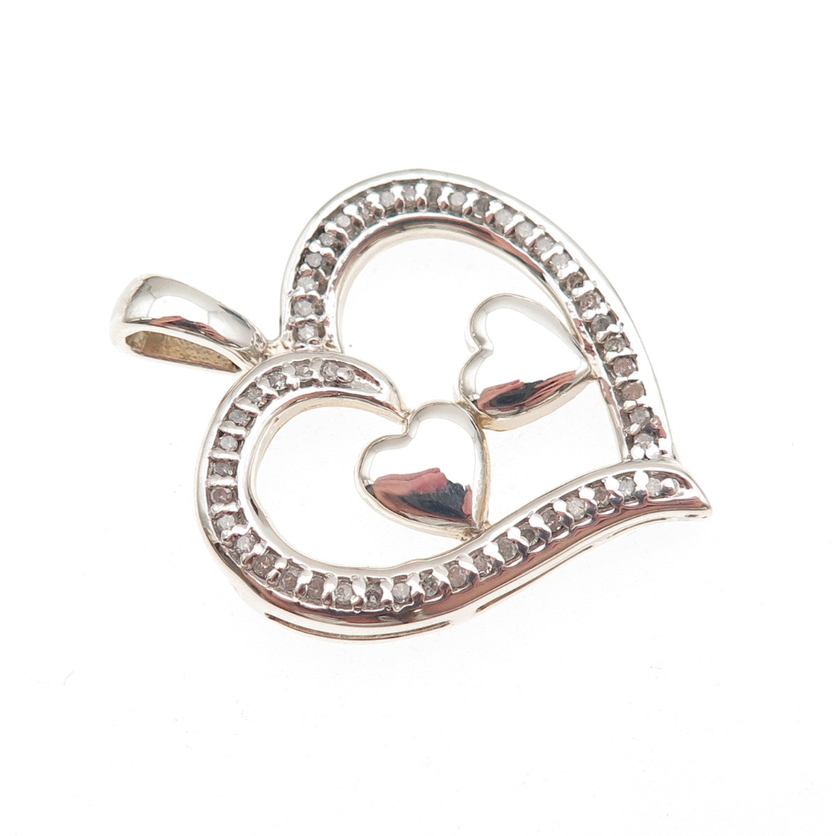 925 Sterling Silver Real Round-Cut Diamond Couple Heart Charm Pendant