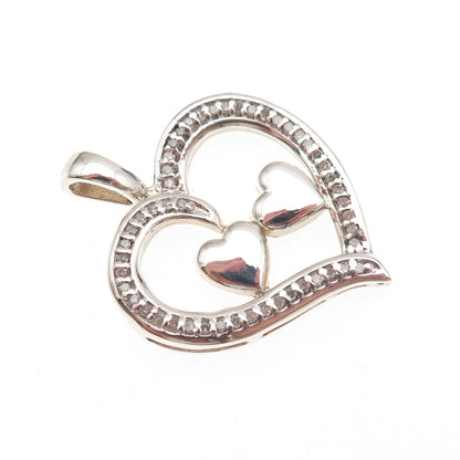 925 Sterling Silver Real Round-Cut Diamond Couple Heart Charm Pendant
