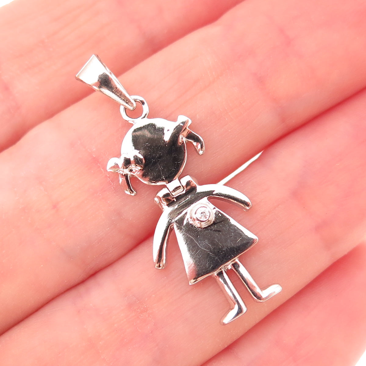925 Sterling Silver Round-Cut C Z Girl Articulated Charm Pendant