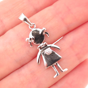 925 Sterling Silver Round-Cut C Z Girl Articulated Charm Pendant
