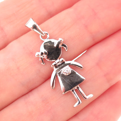 925 Sterling Silver Round-Cut C Z Girl Articulated Charm Pendant