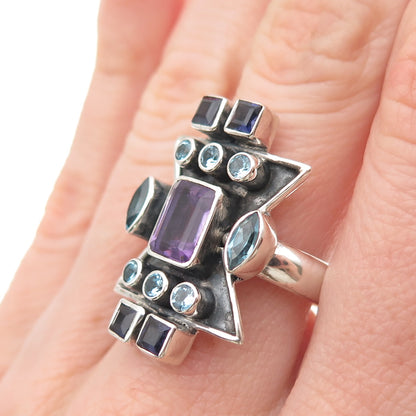 Nicky Butler 925 Sterling Silver Vintage Real Topaz Amethyst Iolite Ring Size 8