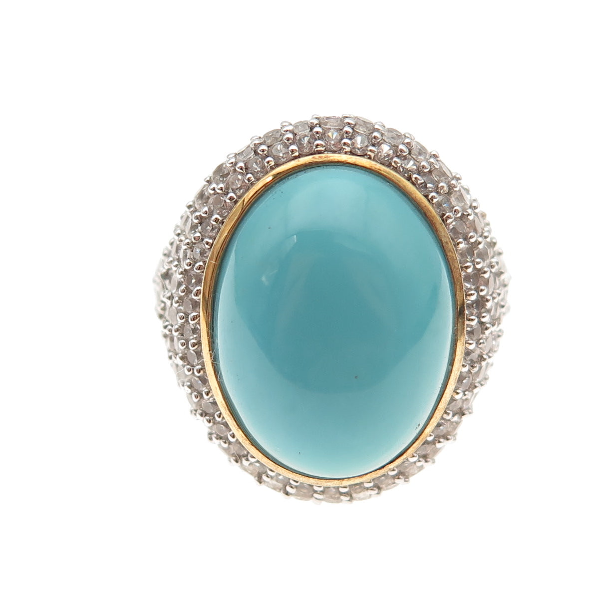 925 Sterling Silver 2-Tone Real Turquoise & White Topaz Ring Size 8.25