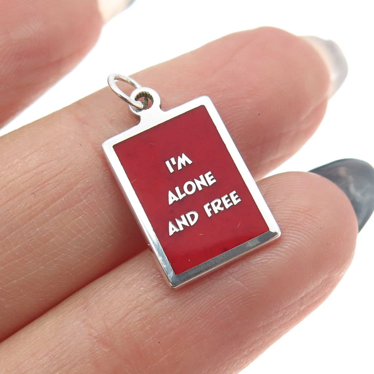 925 Sterling Silver Red Enamel "I'm Alone & Free" Minimalist Charm Pendant