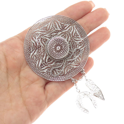 925 Sterling Silver Antique Art Deco Ladies Hat Filigree Pin Brooch