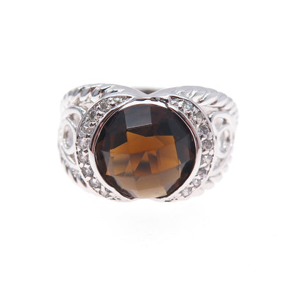 925 Sterling Silver Real Smoky Quartz & C Z Crisscross Ring Size 7