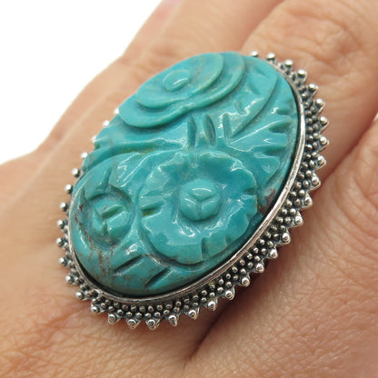 AMY KAHN RUSSELL 925 Sterling Silver Vintage Carved Turquoise Ring Size 8.75