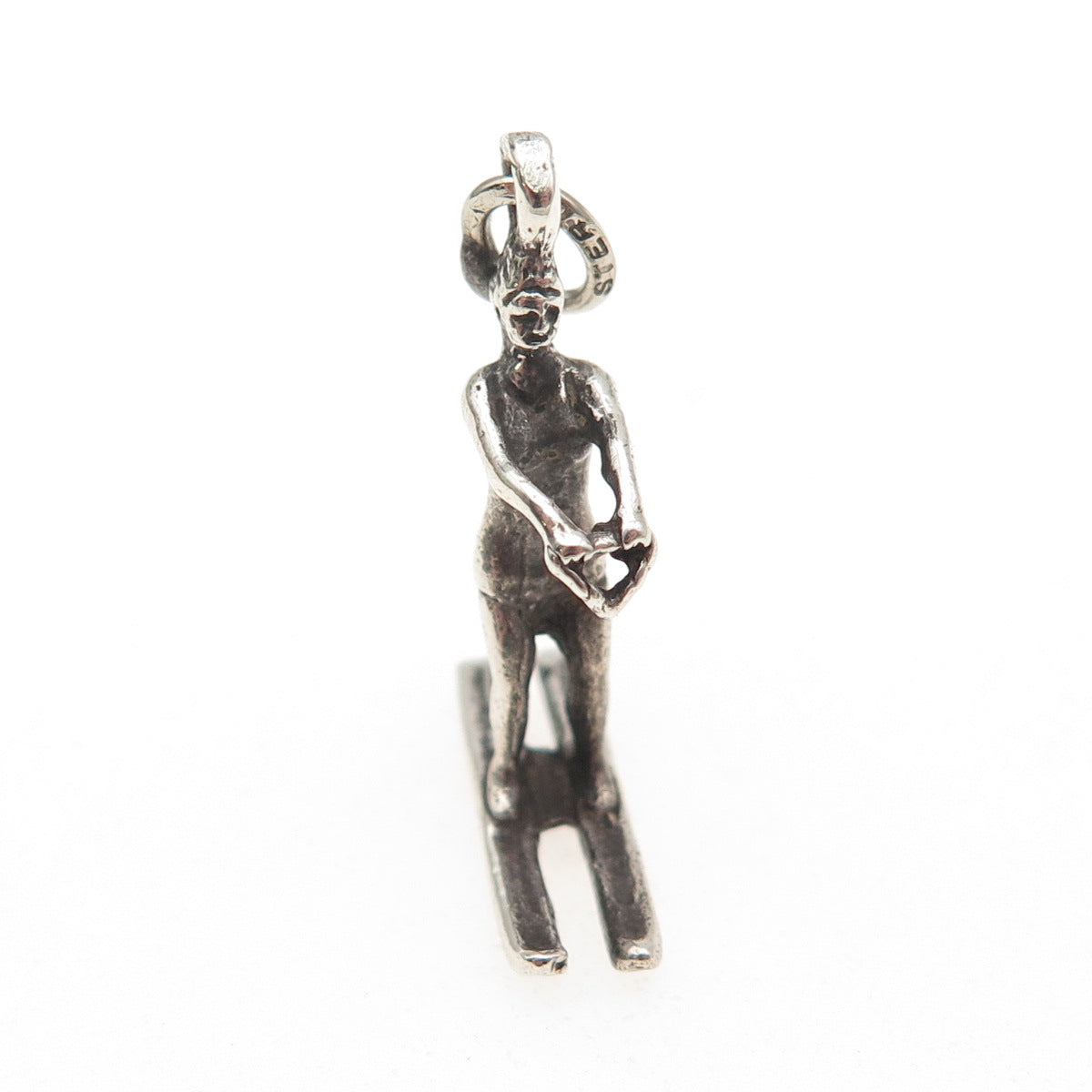 BEAU 925 Sterling Silver Vintage Female Water Skier Oxidized 3D Charm Pendant
