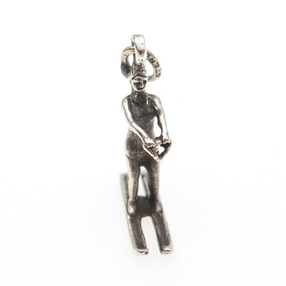 BEAU 925 Sterling Silver Vintage Female Water Skier Oxidized 3D Charm Pendant