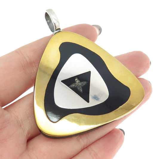 925 Sterling Silver 2-Tone Vintage Real Black Onyx & Jasper Gem Inlay Pendant