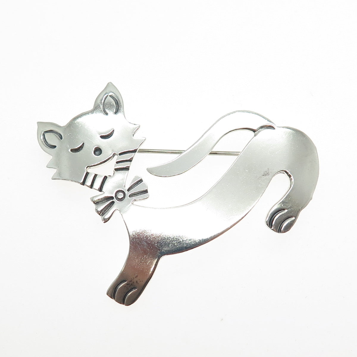 925 Sterling Silver Vintage Mexico Modernist Cat Oxidized Pin Brooch