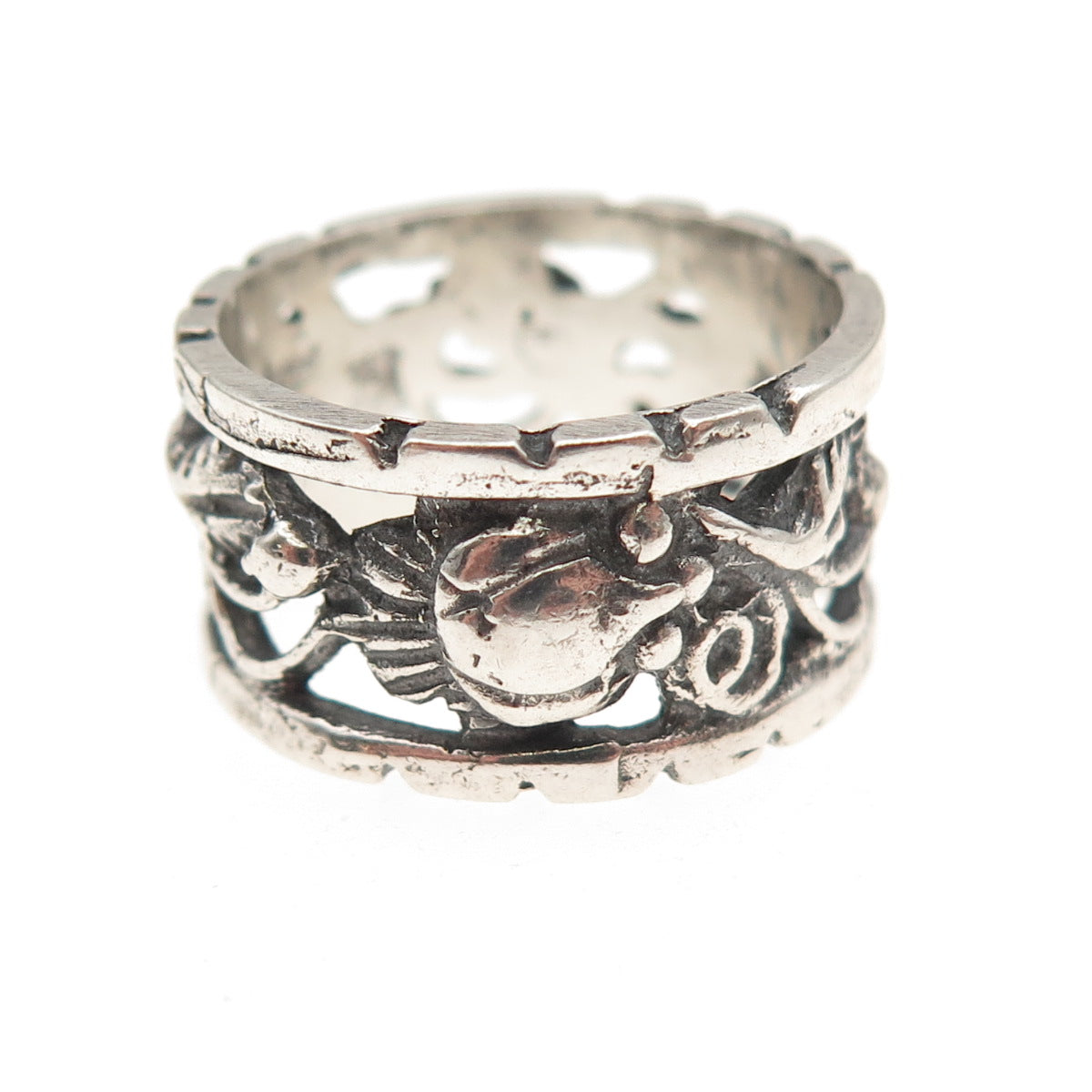 925 Sterling Silver Antique Art Deco Floral Oxidized Band Ring Size 7.25