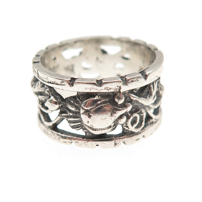 925 Sterling Silver Antique Art Deco Floral Oxidized Band Ring Size 7.25