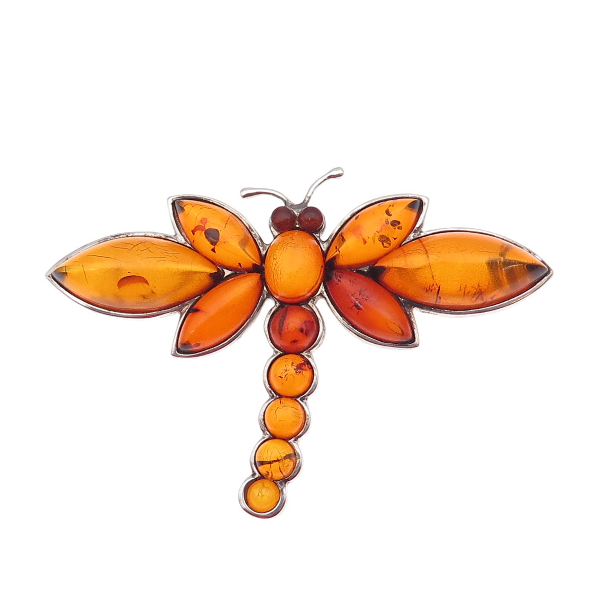925 Sterling Silver Vintage AS Poland Real Amber Dragonfly Oxidized Pin Brooch