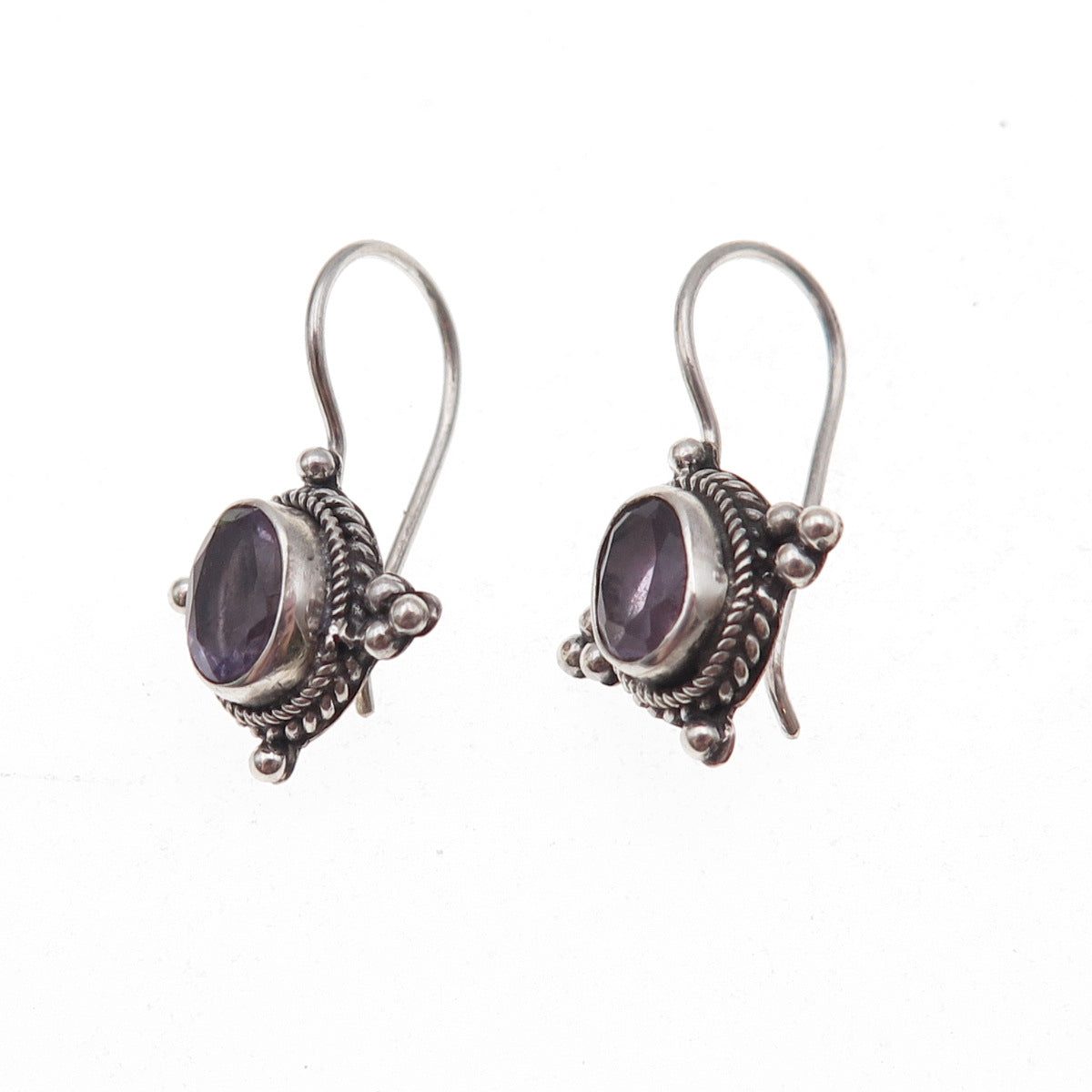 925 Sterling Silver Vintage Real Amethyst Beaded Oxidized Earrings