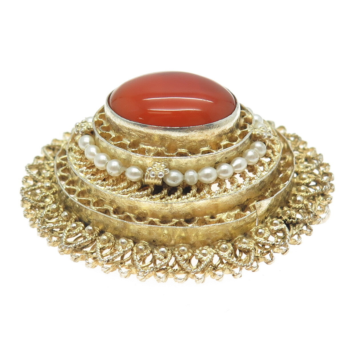 925 Sterling Silver Gold Plated Vintage Israel Carnelian Gem Faux Pearl Pendant