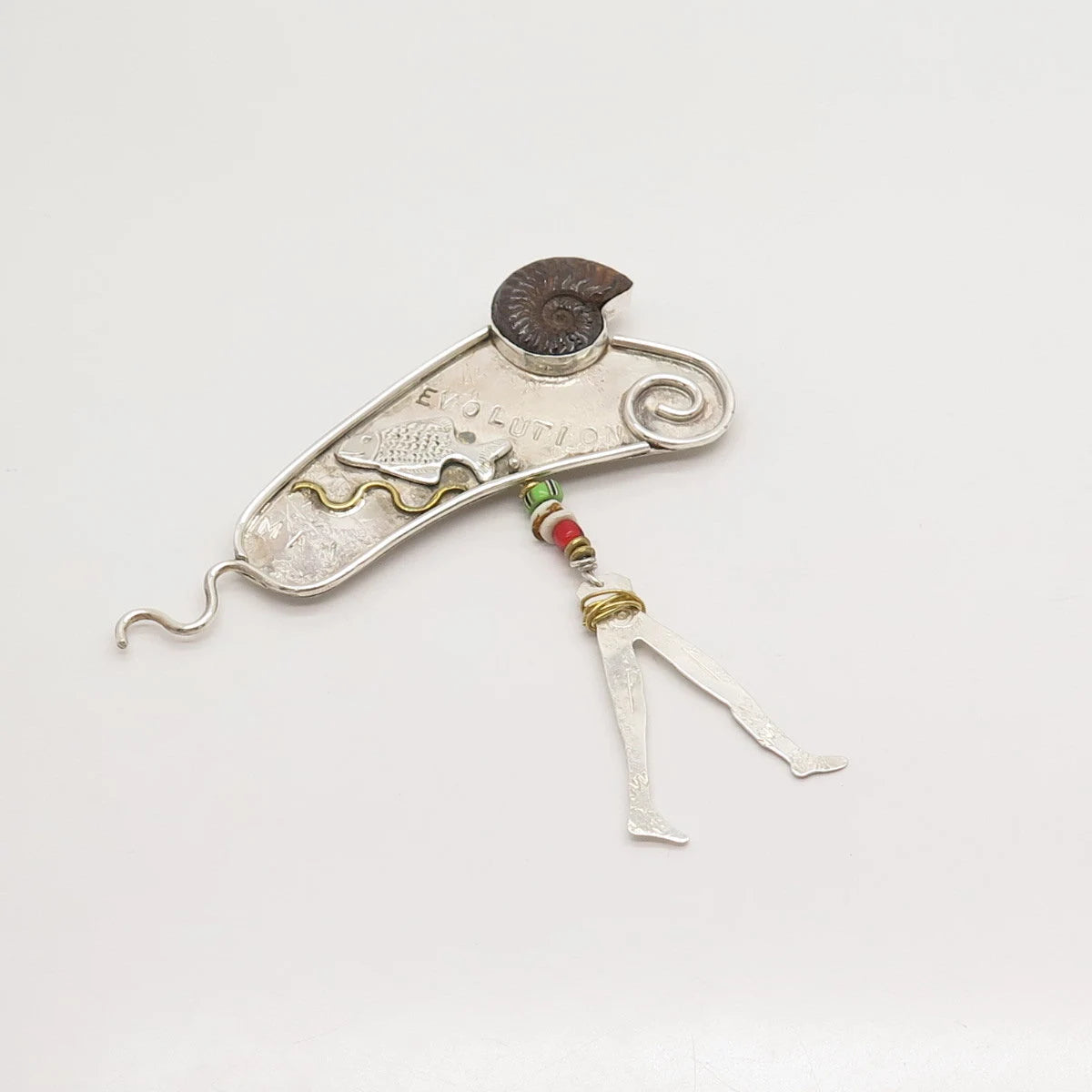 925 Sterling Silver 2-Tone Vintage Real Fossil "Evolution Man" Tribal Pin Brooch