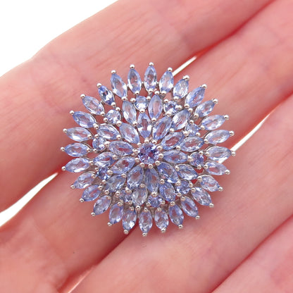 925 Sterling Silver Real Marquise & Round-Cut Tanzanite Floral Pin Brooch
