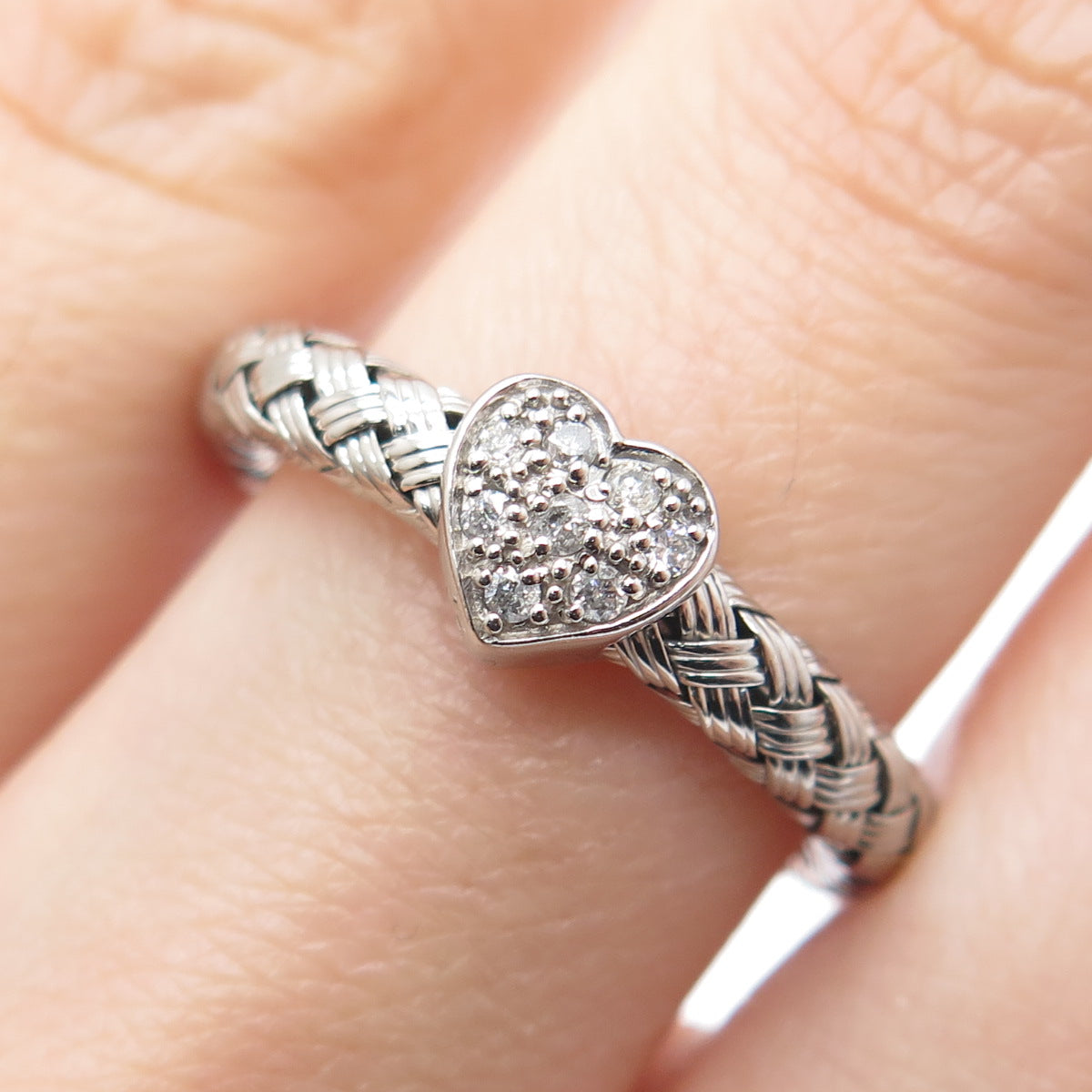 925 Sterling Silver Real Round-Cut Diamond Adjustable Woven Ring Size 6.75