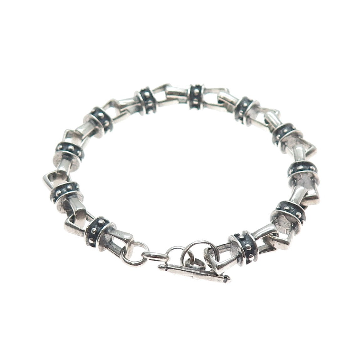 925 Sterling Silver Vintage Beaded Anchor Link Oxidized Bracelet 7"