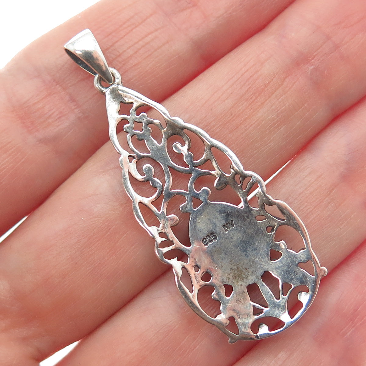 NEVADA 925 Sterling Silver Vintage Real Abalone Shell Ornate Teardrop Pendant