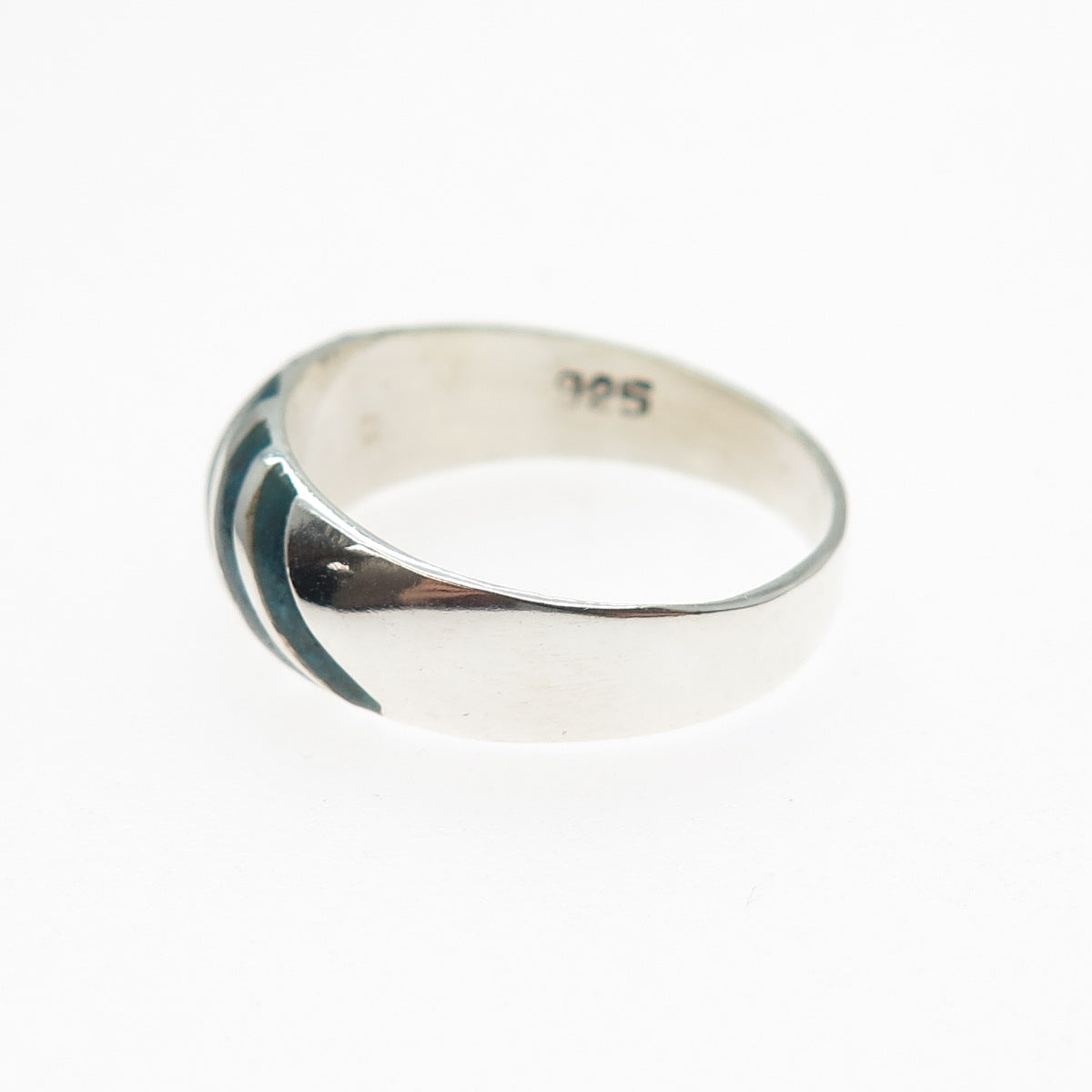 925 Sterling Silver Vintage Mexico Real Turquoise Inlay Ribbed Ring Size 7