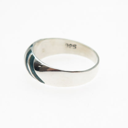 925 Sterling Silver Vintage Mexico Real Turquoise Inlay Ribbed Ring Size 7